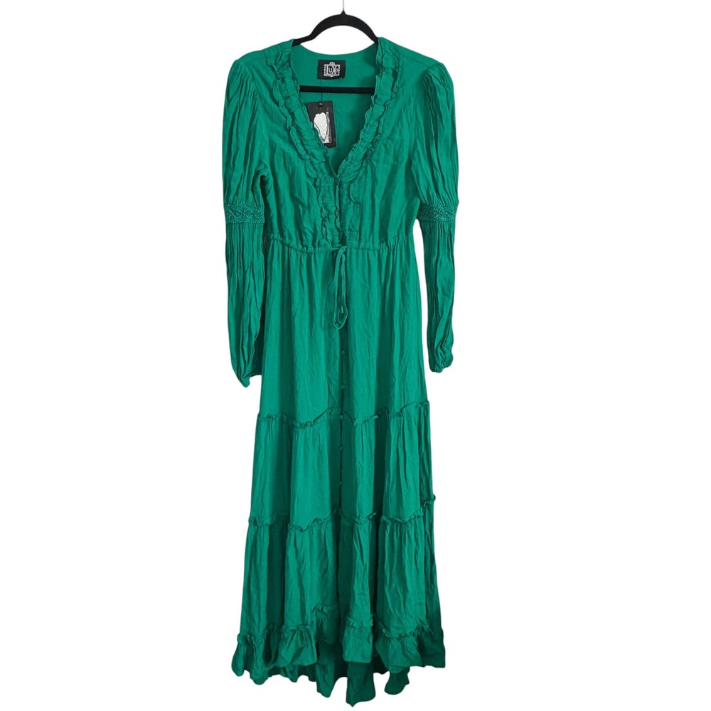 Luxe Bohemian Maxi Dress NWT Womens M Green Ruffle Crochet Lace Flowy Whimsigoth